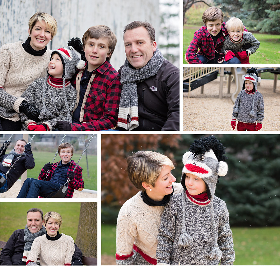 Family with two boys dressed in neutral knits with red accents
