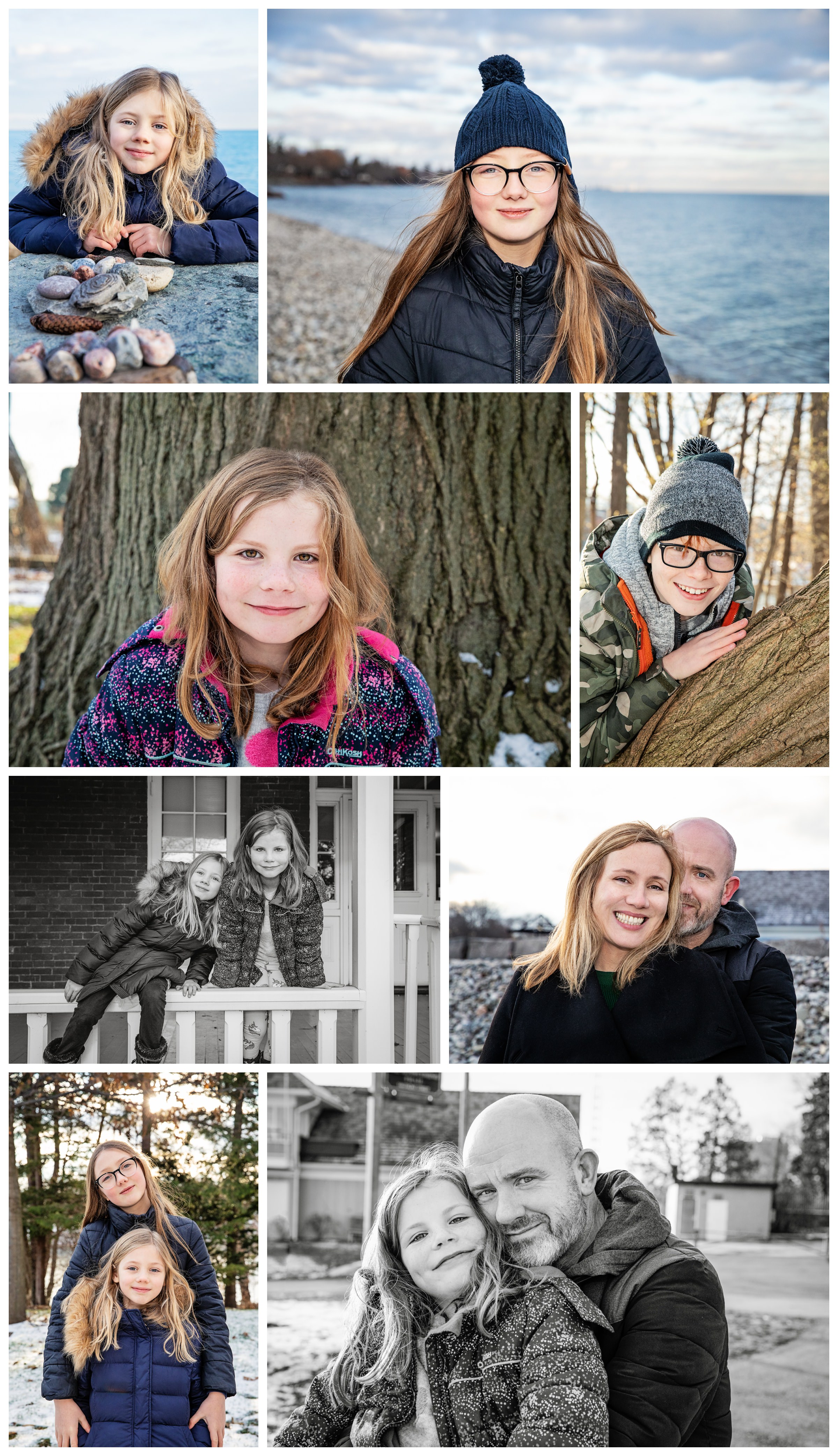 winter family photos of elementary age kids by Lake Ontario in Oakville
