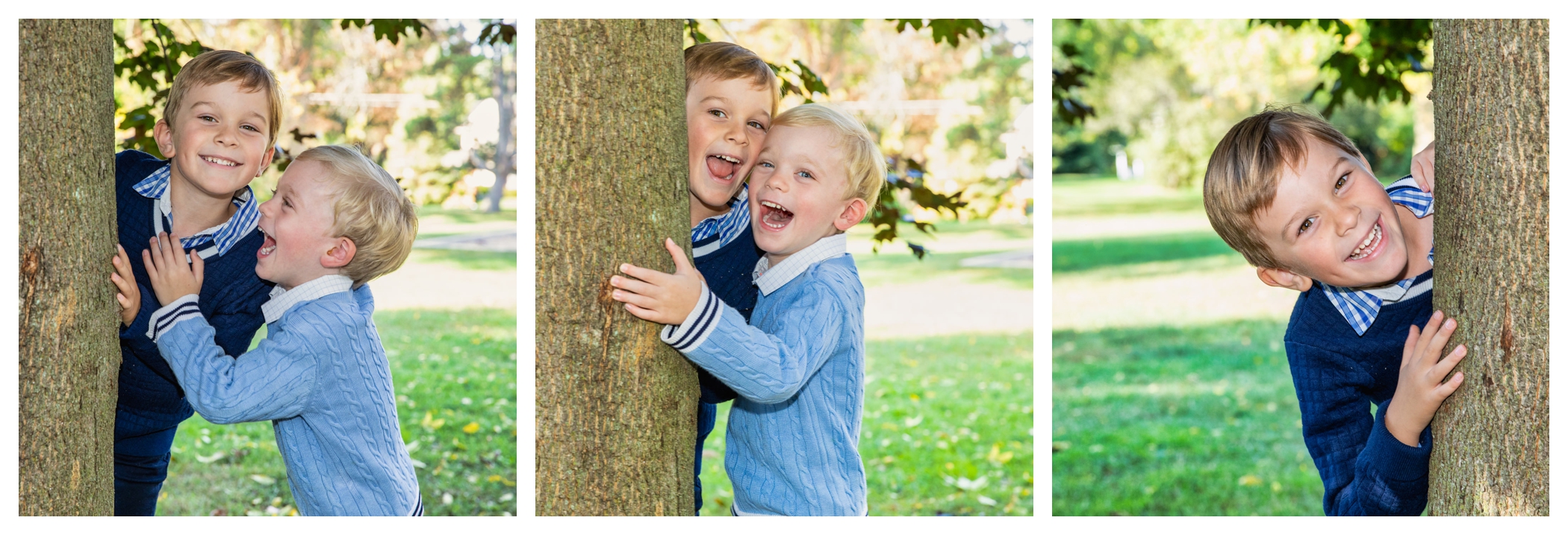 two boys playing hide and seek behind tree in oakville