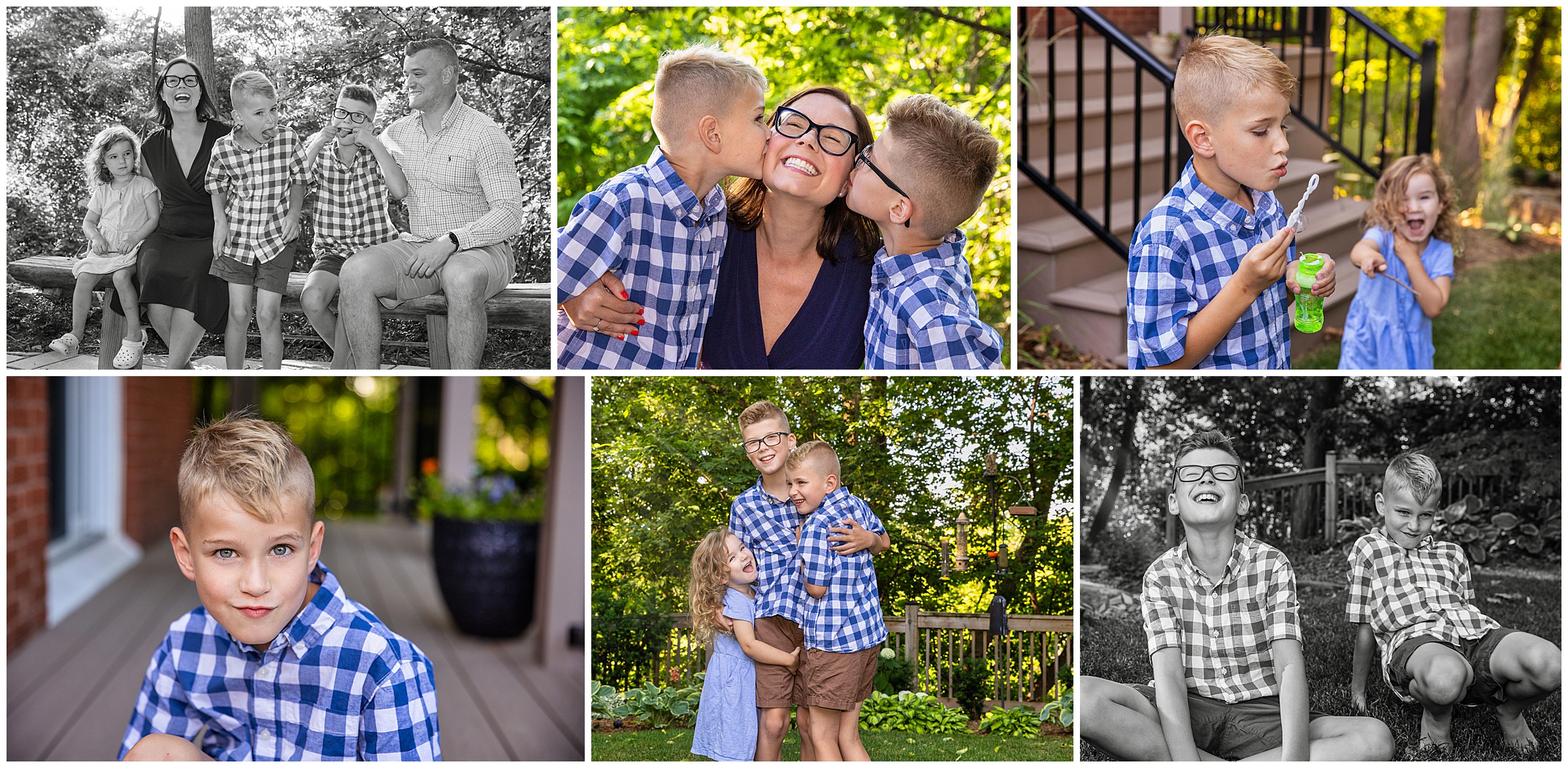 collage of photos from family photo session in backyard